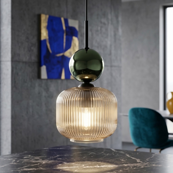 lampada a sospensione vetro ambra verde stile contemporaneo